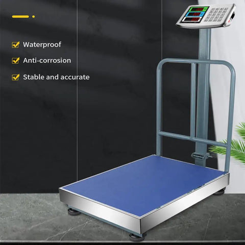 Heavy Duty Digital Platform Scale With Slick Folding Design And Compact Storage For Weighing Luggage And Shipping Boxes Up To Three Hundred Kilos Featuring Quick Lbs Kgs Switch And Direct Reading Price Calculator with blue platform and sturdy frame