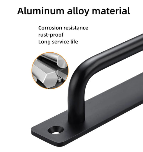 Close-up of Black Aluminium Alloy Barn Door Handles Set of 2, 7 Inch for closet and gate, focusing on material and durability.