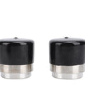 2 Pack 1.781 Inch Trailer Wheel Bearing Protector Caps Stainless Steel Heavy Duty Dual Action Water Out Grease Retention Easy Install With Protective Covers For Boat And RV Trailers, showing two stainless steel and black caps.