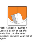Illustration of anti-kickback feature on adjustable shaker router bit set for 1/2 inch shank, showing safety design.