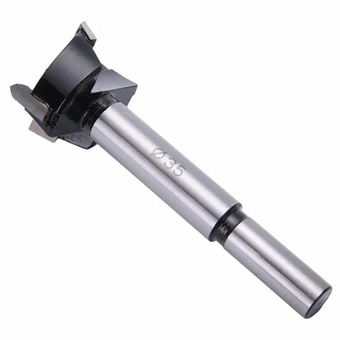 Professional 35mm Hinge Drilling Jig Plus 35mm Forstner Bit Set, metallic Forstner bit for precise cabinet hinge drilling.