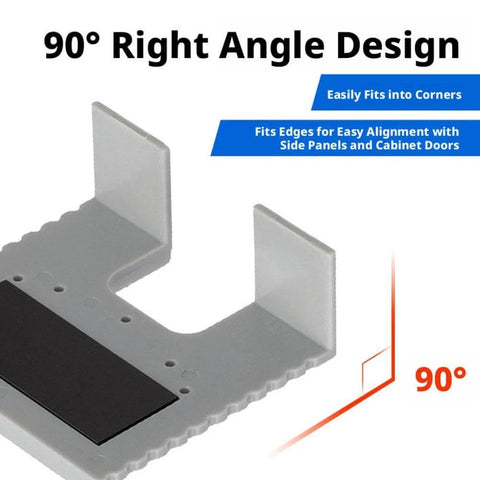 90° right angle design of Two Pack Concealed Hinge Jig Kit Punch Locator Drill Guide For Cabinet Doors Mounting Jig And Positioning Ruler Easy Install For 35mm Straight Or Semi Overlay Hinges Pro Grade ABS Construction, showing easy edge alignment with magnetic backing.
