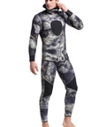 Man wearing 5mm Camouflage Neoprene Wetsuit For Men, Spearfishing Ready Hooded Scuba Gear, Premium Thermal Suit For Warmth