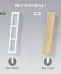 Comparison of Double 18x84 White Frosted Glass Bifold Barn Door Set to standard wood panel illustrating anti-warping benefit.