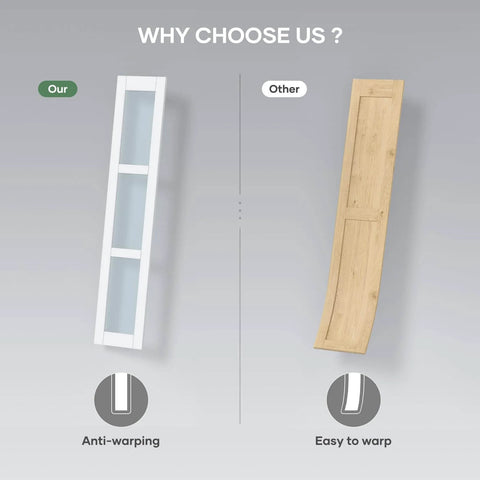Comparison of Double 18x84 White Frosted Glass Bifold Barn Door Set to standard wood panel illustrating anti-warping benefit.