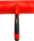 Nine Inch Paint Roller With Integrated Anti Splatter Shield And Heavy Duty Rubber Grip For No Sweat Wall Painting Plus Threaded Socket Attaches To Standard Poles Slick Smooth Coat Reusable Nap Cover Pack Of Ten top view of red paint roller with black rubber grip.