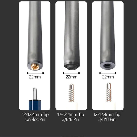 Next Level Carbon Fiber Pool Cue Shaft With Rock Solid 3/8x8 Threaded Joint Uni Loc Ready Seamless Butt Design Killer Power Transfer Top Tier Finish Available In Sharp Black 12.4mm Cut tips and joints displayed
