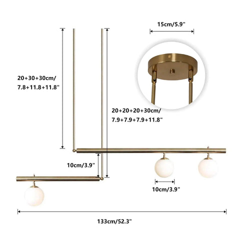 Dimensions of Three Light Glass Globe Linear Chandelier In Gold Finish Pendant Light For Living Room Dining Room Kitchen Island
