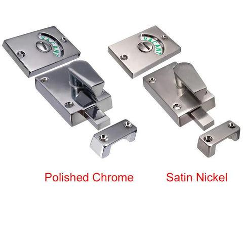 Toilet Stall Door Lock Indicator With Vacant Or Occupied Status, Surface Mounted Privacy Lock For Public Restrooms shown in chrome and satin nickel