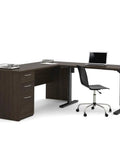Kick Up Your Office Setup With This Hella Sturdy L Shaped Standing Desk Bundle In Dark Chocolate with three storage drawers