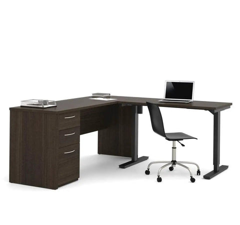 Kick Up Your Office Setup With This Hella Sturdy L Shaped Standing Desk Bundle In Dark Chocolate with three storage drawers
