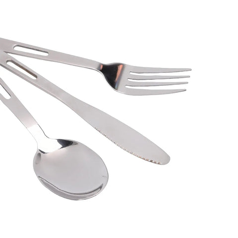 Stainless Steel Camping Mess Kit With Plates Bowls Double Layer Vacuum Cups Knives Forks Spoons And Storage Bag utensils close-up