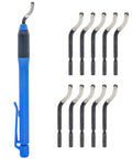 Deburring tool with blue handle and 11 high-speed steel swivel blades