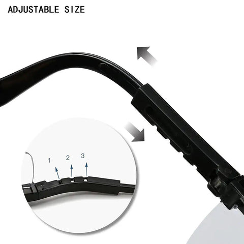 Close-up of adjustable arm mechanism on Five Pack Adjustable Safety Glasses For Work and Home Wide Vision Lightweight Fog Proof Protective Goggles Set