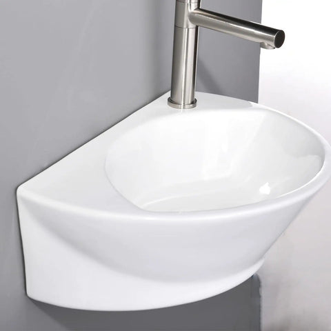 Small Wall Mount Porcelain Sink For Tiny Bathrooms And RVs, 16 Inch Long Corner Floating Basin, Space Saving Vanity Sink For Half Bath Powder Room, Easy Install, White Ceramic