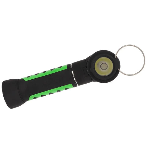 Retractable LED Flashlight With Magnetic Base And Hook Dual Mode Long Throw Beam And Wide COB Camping Light For Outdoors Hiking Biking Emergency Use Powered By 4 AAA Batteries, black and green handle, top view