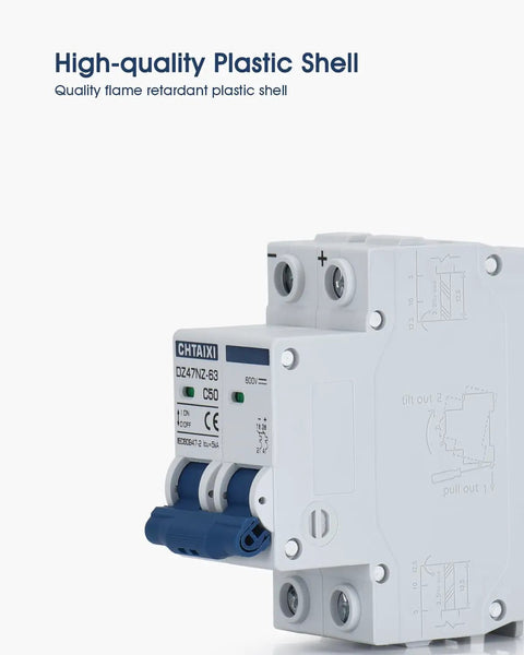 Dc Miniature Circuit Breaker 2 Pole 600V 20 Amp Isolator for Solar PV System With Heavy Duty Thermal Magnetic Trip And Arc Extinguishing DC Disconnect Switch DIN Rail Mount C20, side view.