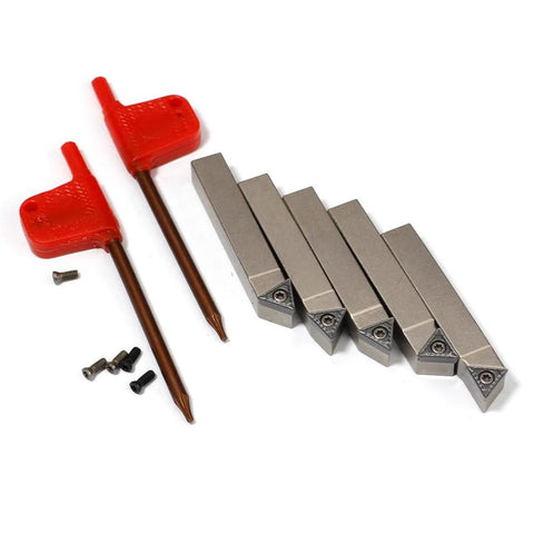 YUFUTOL mini indexable lathe turning tool set, five red-handled 5/16-inch shank carbide tools with inserts