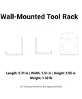 Diagram of wall mounted tool rack for garage and workshop, heavy duty vertical iron organizer with measurements