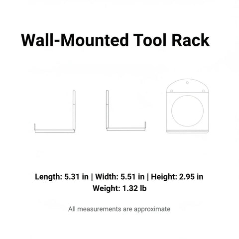 Diagram of wall mounted tool rack for garage and workshop, heavy duty vertical iron organizer with measurements