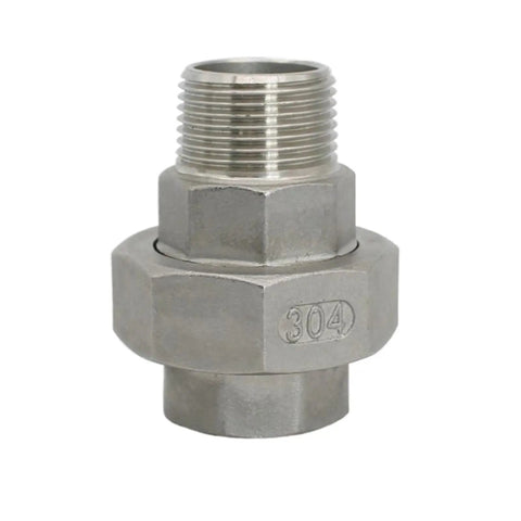 Close-up of Stainless Steel 304 BSPT Pipe Fittings Set Heavy Duty All In One 5 Piece Male To Female Threaded Union, single connector view