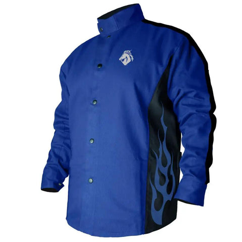 BXRB9C Contoured 9 Oz Flame Resistant Cotton Welding Jacket With Welder's Collar, X Large Royal Blue with flame design