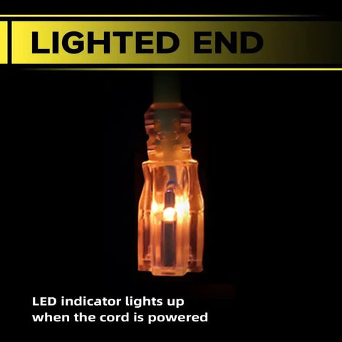 50 Ft Lighted Outdoor Extension Cord With 10/3 SJTW Heavy Duty Yellow Cable, visible LED indicator end glowing in the dark
