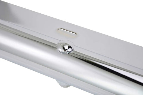 Rock Solid Stainless Steel Spring Loaded Mud Flap Hanger With Round Tube Frame and One One Eighth Bolt Spread close-up shot showing chrome finish detail.
