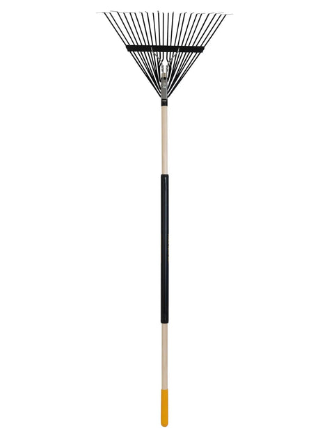 Sturdy Steel Tine Leaf Rake With Hardwood And Steel Handle For Lawns And Dethatching 22 Tines 21.6 Inch Head Black