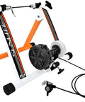 Six Position Magnetic Indoor Bike Trainer with Remote Control, heavy-duty steel frame, smooth magnetic resistance, handlebar mount.