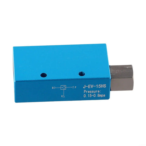 Heavy Duty Aluminum Vacuum Generator For Factory Robotics And Automation Featuring A Beefed Up Pneumatic Ejector Pump With Killer Suction And Fast Acting Venturi Design For Straight Up Pick Place Performance, blue aluminum valve with pressure markings.