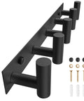 Black Wall Mount Coat Rack With 5 Hooks For Robes, Bags, Towels, Hats And Keys shown in black metal, angled view