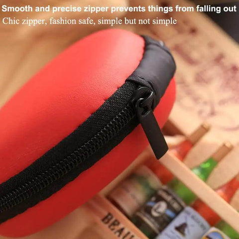 Portable Round Zippered Tech Case For Earphones USB Cables And Hard Drive Hella Durable Eva Shell with a smooth black zipper on a red pouch.