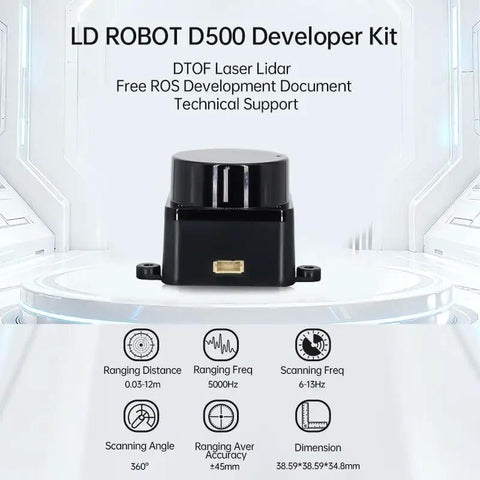360 Degree Omnidirectional LiDAR Scanner With 12M Range And 5000Hz Sampling Rate For ROS Raspberry Pi Arduino Bots DToF TOF Laser Distance Sensor Module Kit For SLAM Mapping And Navigation shown with specs
