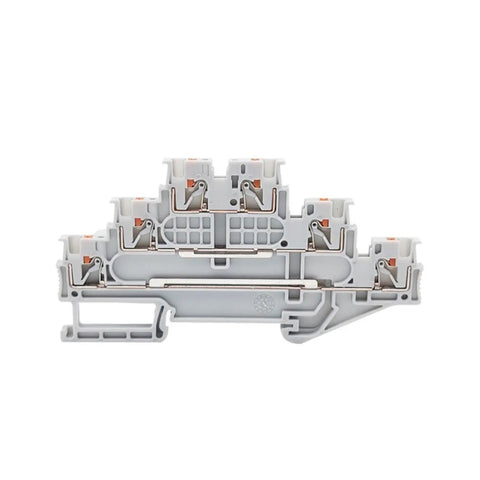 Three Level Push In Wire Terminals For Electrical Din Rail Setup No Sweat Snap Together Connectors For One Point Five Cables Built Like A Tank Pro Workspace Essentials, side view of connectors.