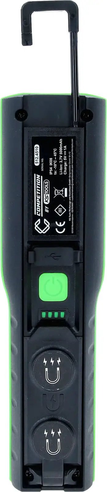Heavy Duty Led Work Light With Plug And Play Charging Station showing USB ports and power button on a rugged black and green design.