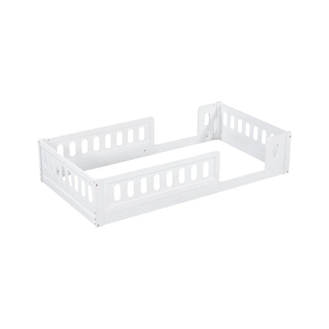 Twin Size Montessori Floor Bed With Safe Guardrails For Toddlers, White Wood Frame, Low To The Ground Design For Easy In And Out
