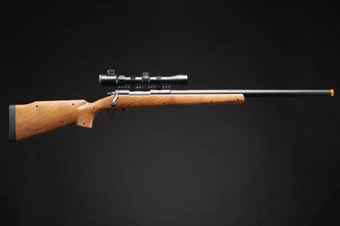 Beast Mode Bolt Action Airsoft Sniper Rifle with adjustable magnified aluminum scope, wood stock, and metal rail, side view
