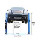 Heavy Duty Two Post Vehicle Lift With Baseplate And Open Top Design For Low Ceiling Garages, 8000 Lb Beefy Load Limit shown with vehicle.
