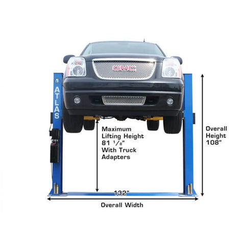 Heavy Duty Two Post Vehicle Lift With Baseplate And Open Top Design For Low Ceiling Garages, 8000 Lb Beefy Load Limit shown with vehicle.