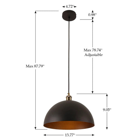 Vintage Black Pendant Light Dome Fixture With Retro Farmhouse Vibe, dimensions and adjustable wire length diagram