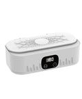 Knockout Portable Ultrasonic Cleaner For Glasses And Jewelry Using High Frequency Vibration And Eco Friendly Deep Wash Tech To Make Your Treasures Look Slick And Sparkling Fresh In Pink, compact white design with digital display.