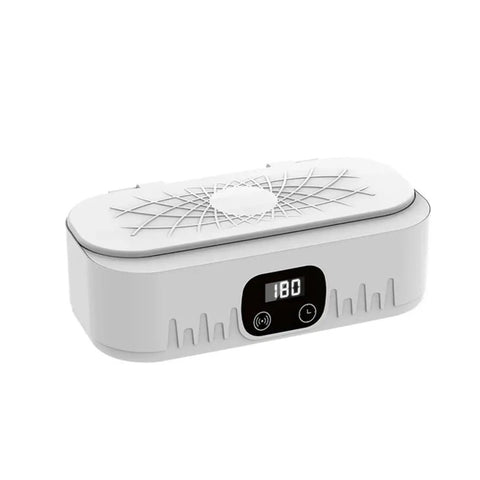 Knockout Portable Ultrasonic Cleaner For Glasses And Jewelry Using High Frequency Vibration And Eco Friendly Deep Wash Tech To Make Your Treasures Look Slick And Sparkling Fresh In Pink, compact white design with digital display.