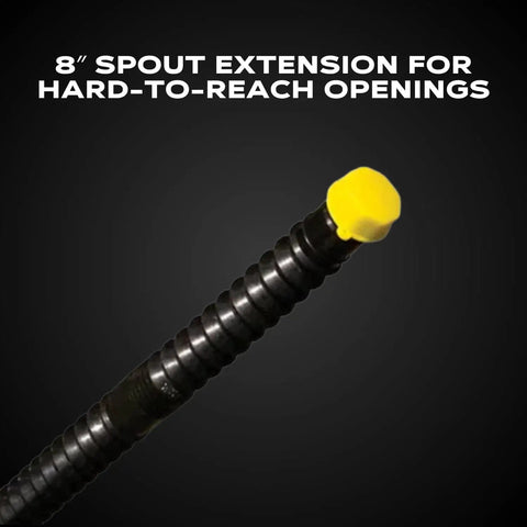 Hi-Flo Industrial Can Spout Replacement With Flexible Nozzle for Deluxe Cans shown with 8-inch extension, yellow cap