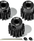 Three Piece 0.6 Mod Hardened Steel Pinion Gear Set With 3.175mm Shaft, 14T 15T 16T Pinions For 540 550 RC Cars displayed.