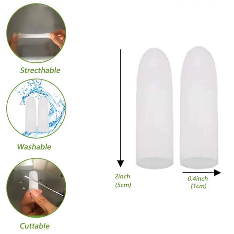 Gel Finger Protectors Silicone Fingertip Covers for all day finger pain relief with dimensions and usability features displayed