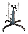Front view of Transmission Jack Lift 0.5 Ton Adjustable Hydraulic Jack with foot pedal, 360 degree swivel wheel, heavy duty steel construction.