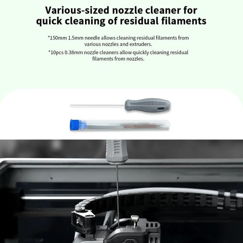 Front view of a 74-piece 3D printer tool kit with nozzle cleaner and screwdriver set; includes blue-capped storage tube.