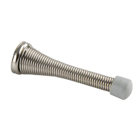 Heavy Duty Brushed Nickel Spring Door Stop With Rubber Bumper Tips, Spring Steel Construction, About Three Inches Long, side view