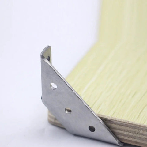 Close-up of Stainless Steel Angle Brackets 10 Pcs With Pre-Drilled Countersunk Holes in trapezoid shape supporting wood